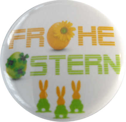 Frohe Ostern Button - drei Hasen und zwei Ostereier